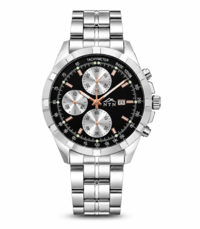 Men's NTN quartz steel strap watch with chronograph and date display.