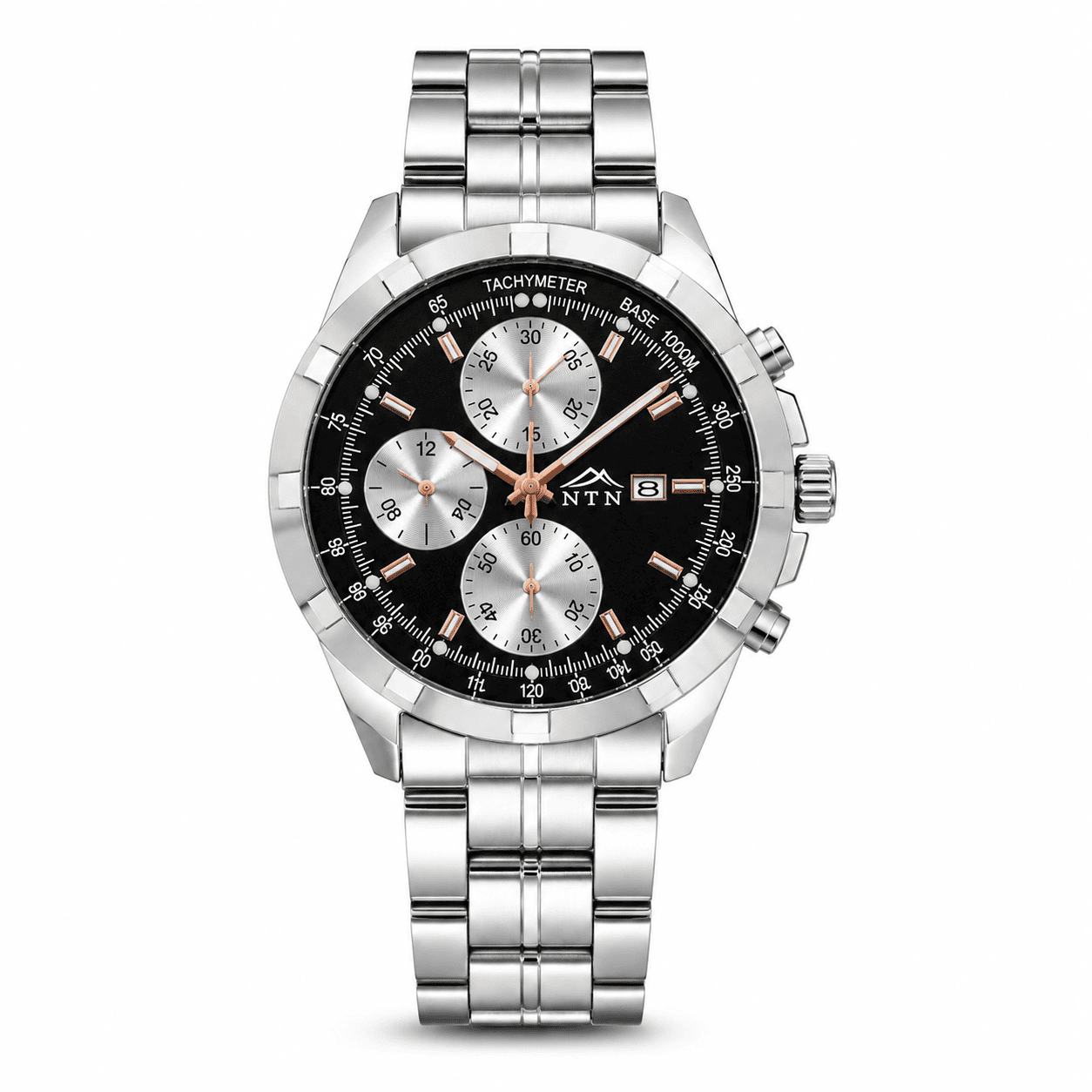 Men's NTN quartz steel strap watch with chronograph and date display.