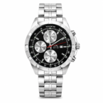 Men's quartz steel strap watch with black dial and chronograph features.