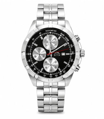 Men's quartz steel strap watch with black dial and chronograph features.