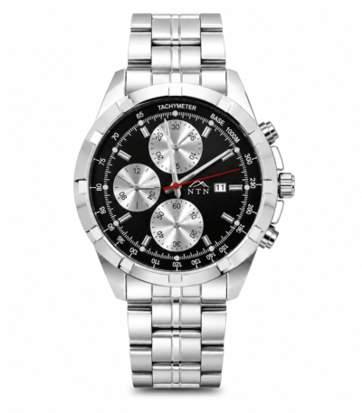 Men's quartz steel strap watch with black dial and chronograph features.