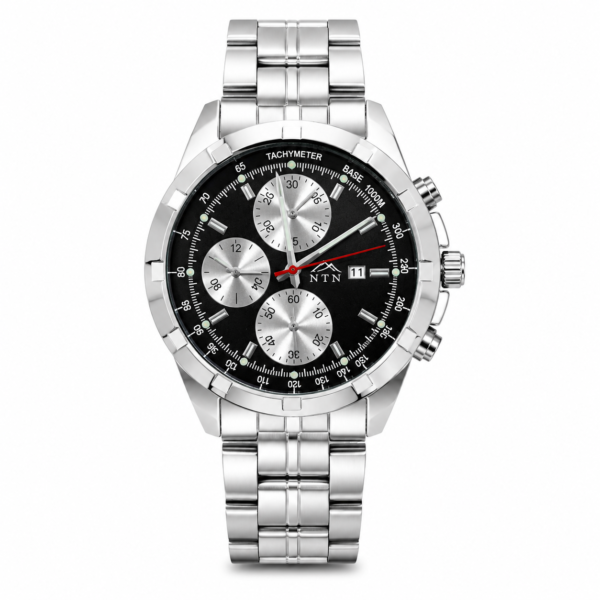 Men's quartz steel strap watch with black dial and chronograph features.