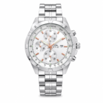 Elegant men's quartz watch with stainless steel strap and chronograph features.