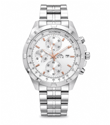 Elegant men's quartz watch with stainless steel strap and chronograph features.