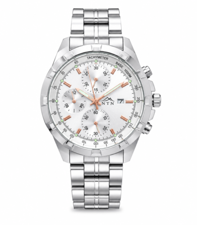 Elegant men's quartz watch with stainless steel strap and chronograph features.