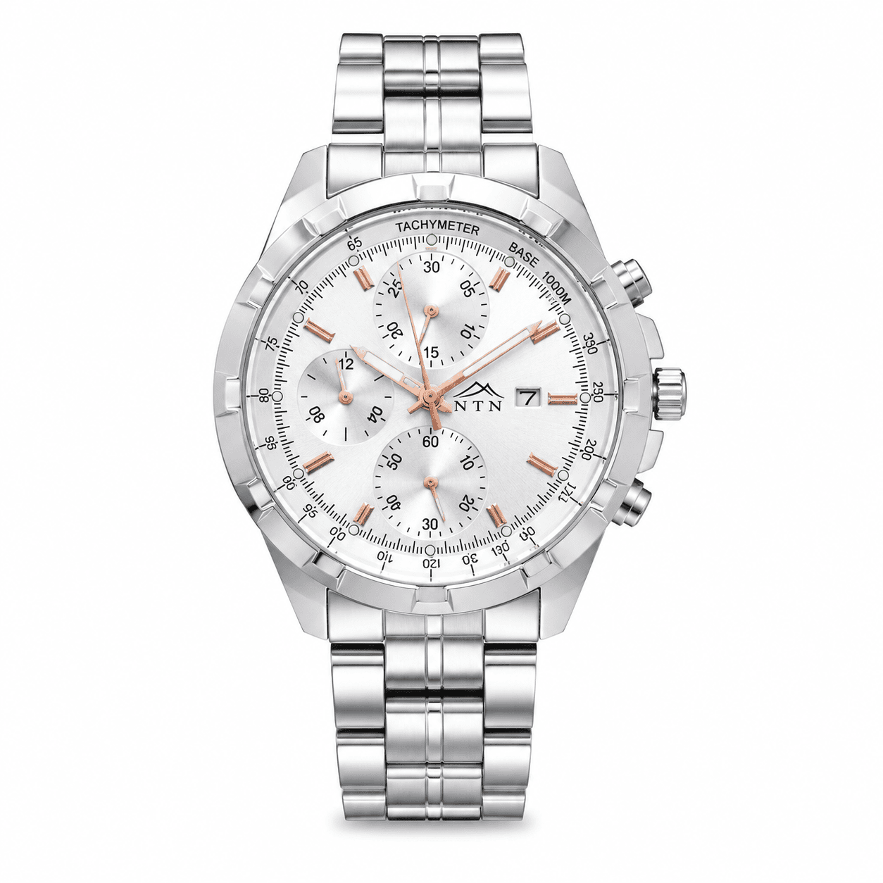 Elegant men's quartz watch with stainless steel strap and chronograph features.