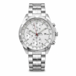 Men's silver quartz watch with chronograph and tachymeter.