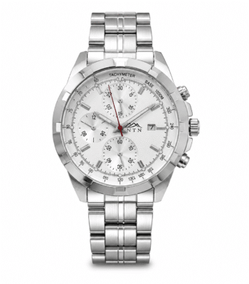 Men's silver quartz watch with chronograph and tachymeter.