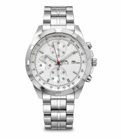 Men's silver quartz watch with chronograph and tachymeter.