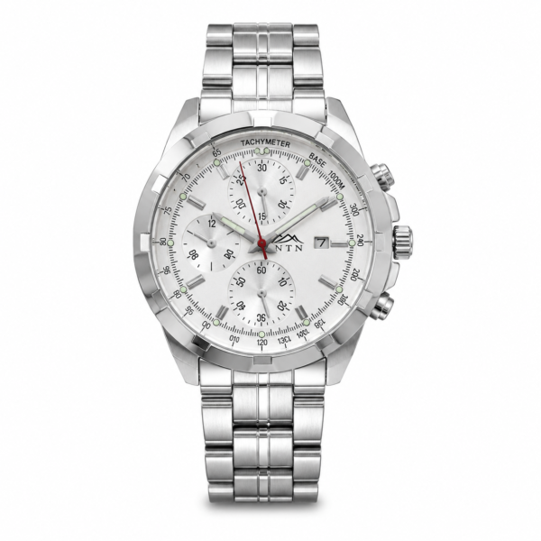 Men's silver quartz watch with chronograph and tachymeter.