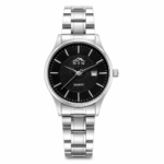 Elegant women's watch with black dial and silver steel strap by NTN.