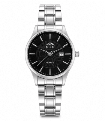 Elegant women's watch with black dial and silver steel strap by NTN.