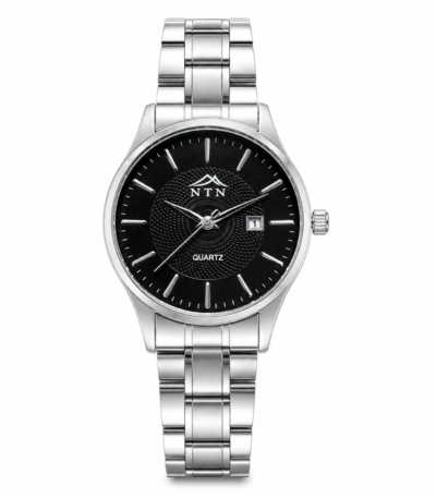 Elegant women's watch with black dial and silver steel strap by NTN.