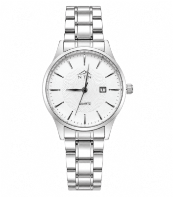 Elegant NTN women's quartz watch with white dial and steel strap.