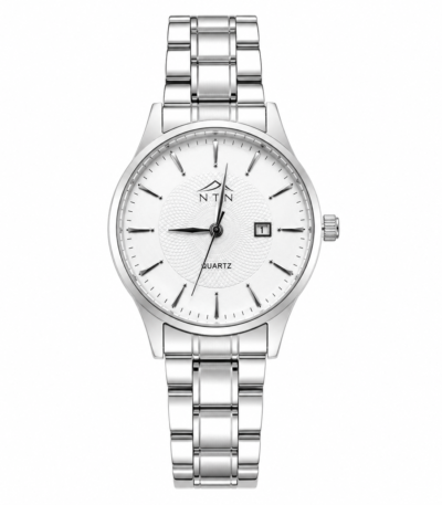 Elegant NTN women's quartz watch with white dial and steel strap.