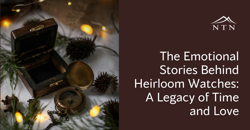 Vintage heirloom watch with wooden box and pinecones.