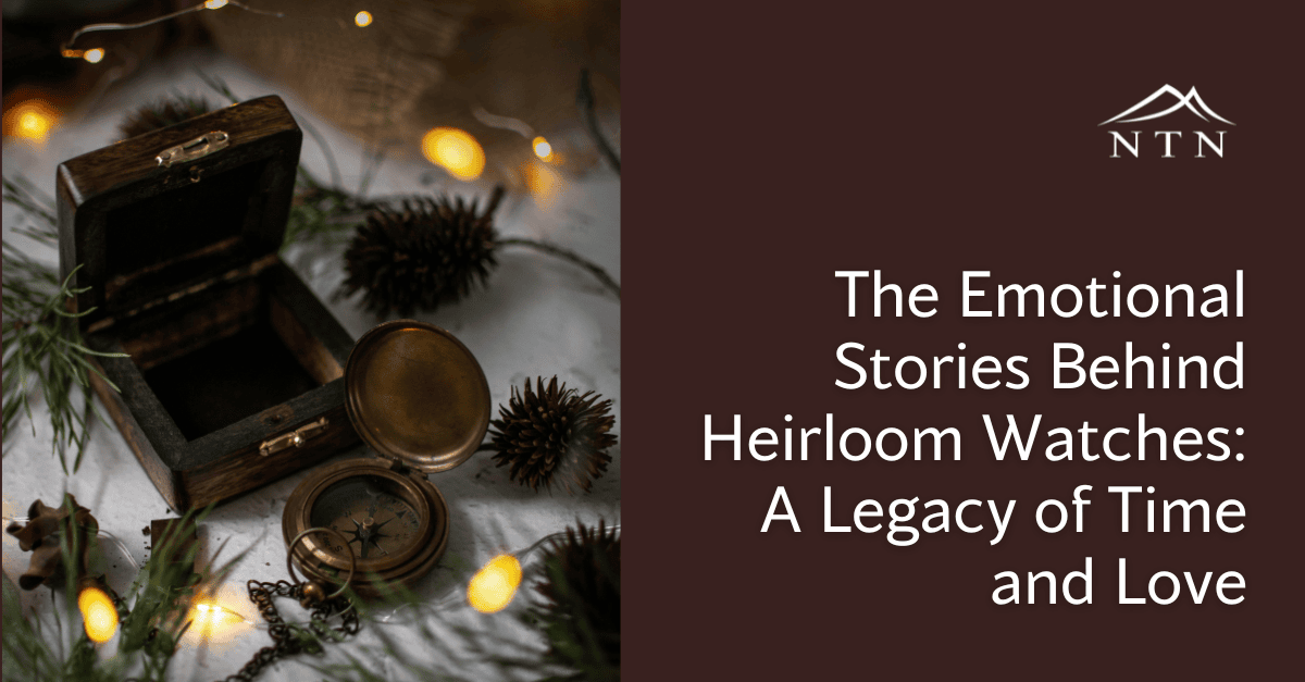 Vintage heirloom watch with wooden box and pinecones.