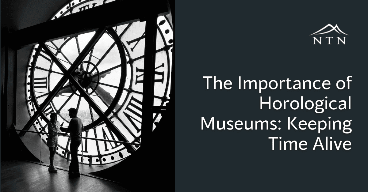 Historical clock tower at a museum in black and white.