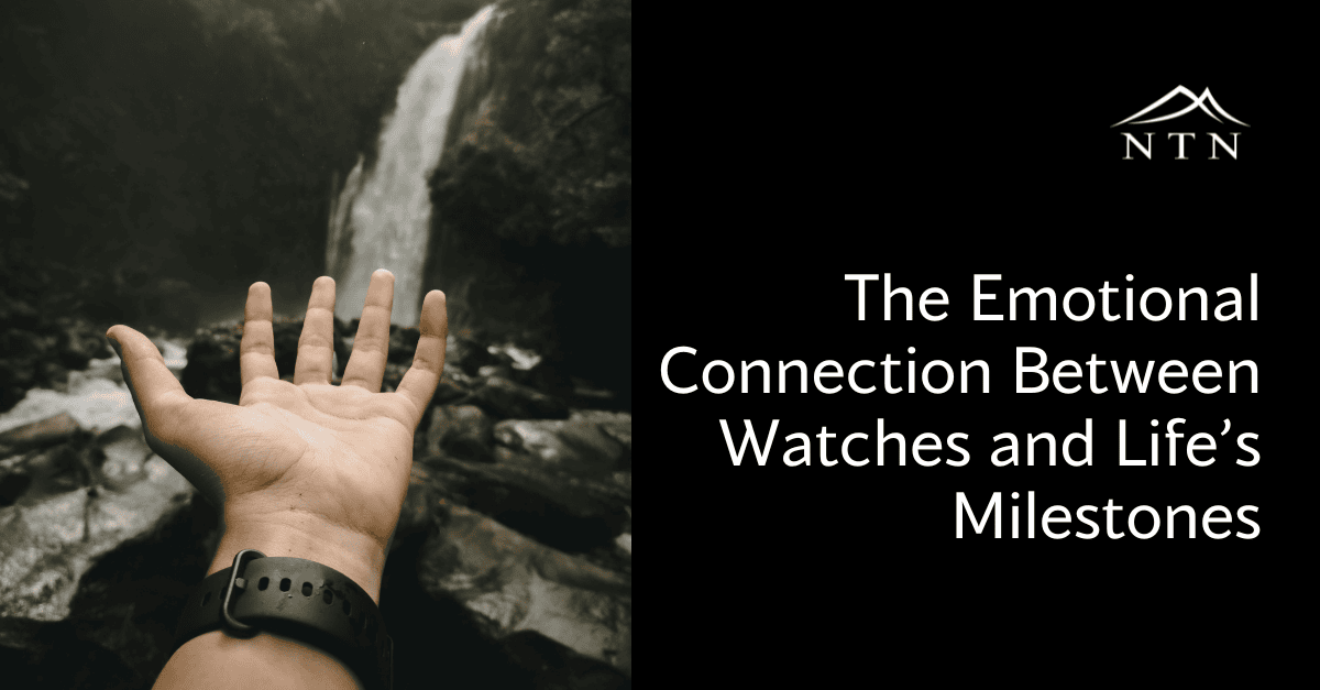 Close-up of a wristwatch against waterfall backdrop, highlighting the emotional bond between watches and life achievements.