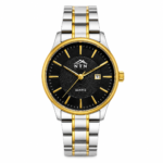 Elegant men's wristwatch with black dial and gold accents from NTN.