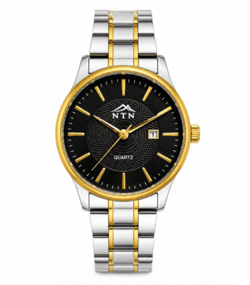 Elegant men's wristwatch with black dial and gold accents from NTN.