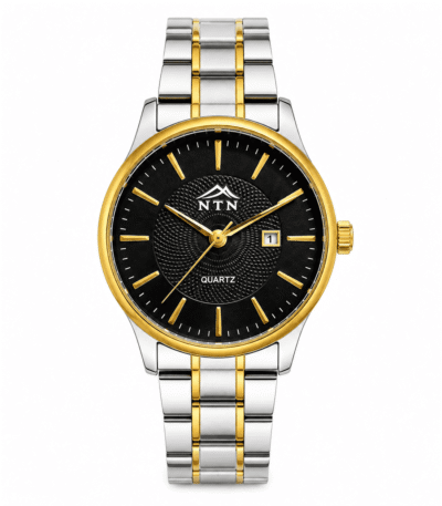 Elegant men's wristwatch with black dial and gold accents from NTN.