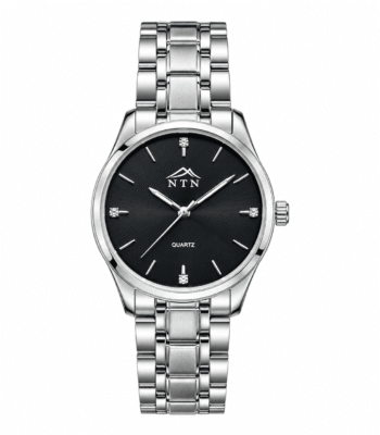 Elegant men's quartz watch with black dial and silver band.