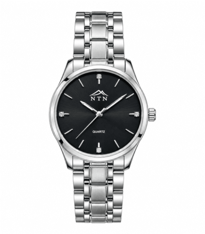Elegant men's quartz watch with black dial and silver band.