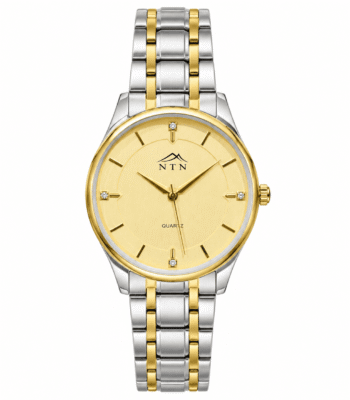 Elegant men's quartz watch with gold and silver band and black dial.