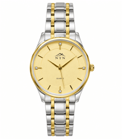 Elegant men's quartz watch with gold and silver band and black dial.