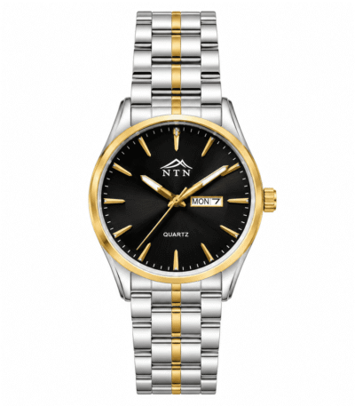 Men's quartz watch with black dial, gold bezel, and two-tone band.