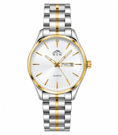 Elegant men's quartz watch with black dial and gold accents from NTN.
