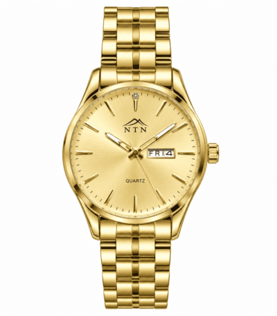 Luxury gold men's watch with black dial and day-date display.