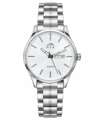Men's silver quartz watch with black dial and date display.