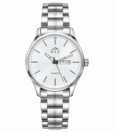 Men's silver quartz watch with black dial and date display.