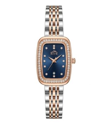 Elegant NTN watch with black dial, rose gold case, and diamond accents.