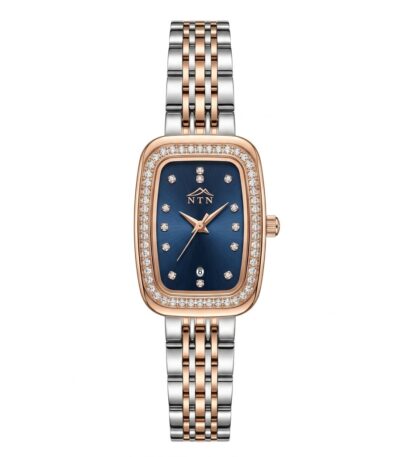 Elegant NTN watch with black dial, rose gold case, and diamond accents.