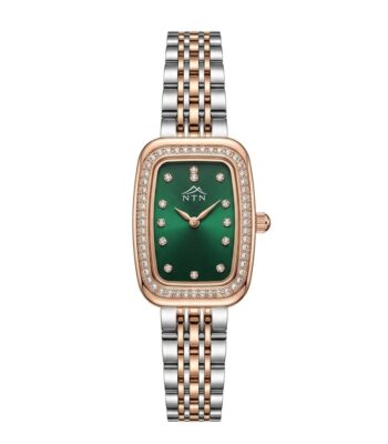 Elegant NTN women's watch with green dial, gold case, and diamond accents.
