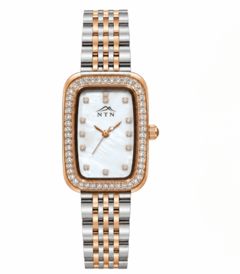 Elegant NTN quartz watch with black dial, golden case, and diamond accents.