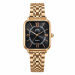 Elegant NTN men's quartz watch with black dial and golden case.