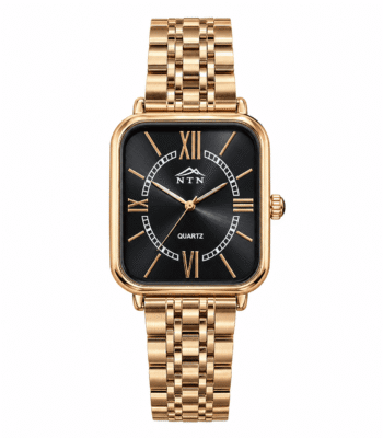 Elegant NTN men's quartz watch with black dial and golden case.