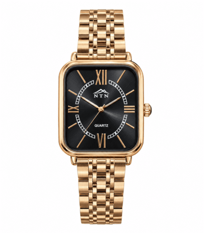 Elegant NTN men's quartz watch with black dial and golden case.