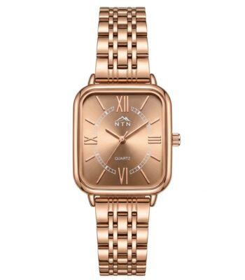 Elegant rose gold women's watch with square face and Roman numerals.