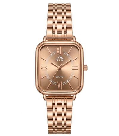 Elegant rose gold women's watch with square face and Roman numerals.