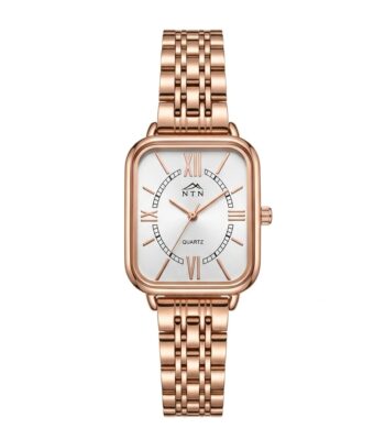 Elegant NTN women's watch with black dial and gold case.
