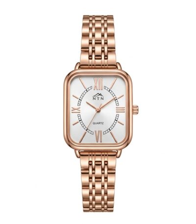 Elegant NTN women's watch with black dial and gold case.