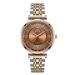 Elegant women's watch with rose gold dial and dual-tone bracelet.
