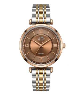 Elegant women's watch with rose gold dial and dual-tone bracelet.