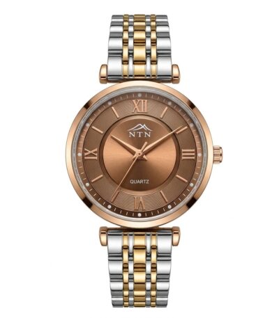 Elegant women's watch with rose gold dial and dual-tone bracelet.