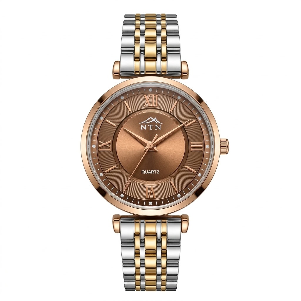 NTN Quartz Rose Gold Women's Watch Elegant women's watch with rose gold dial and dual-tone bracelet.
